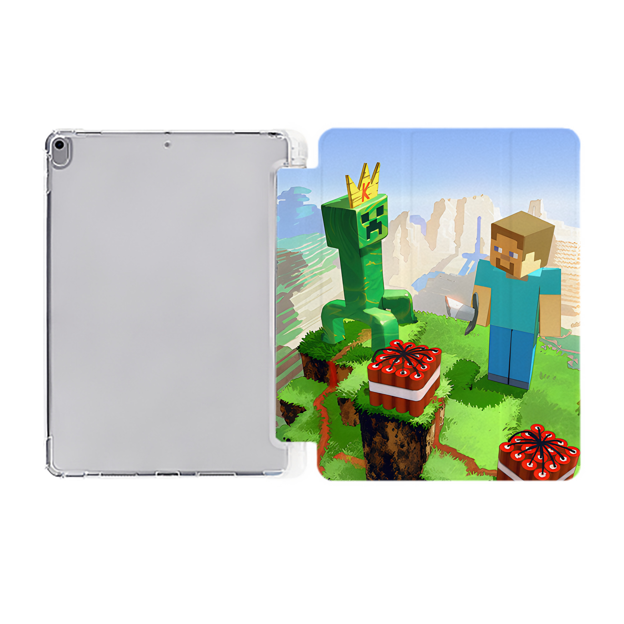 （画像用） マインクラフト ブロックの世界 Minecraft MC Block world IPad ケース ペン収納付き 三つ折りスタンド PUレザー×シリコン 対応機種9.5/10.5/10.9インチ